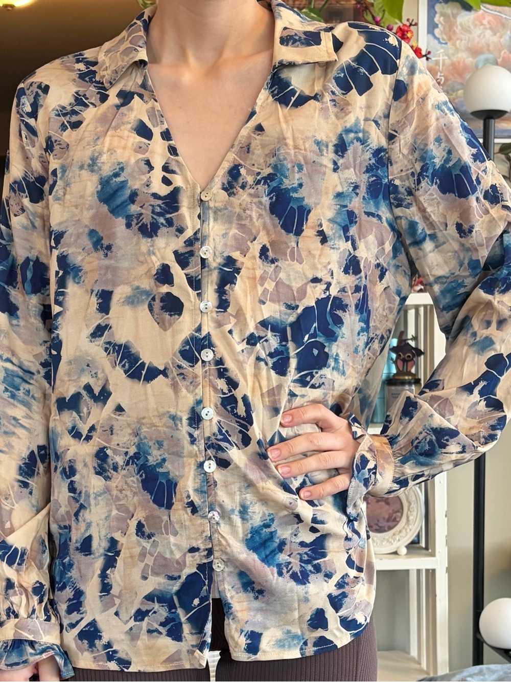 Beige and Navy Liverpool Button-Up Blouse